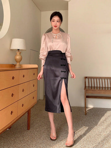 New Chinese Style Tempered Satin Color Block Cheongsam Collar Long-Sleeved Top With Buckled Skirt Dress Two-Piece Set For Women