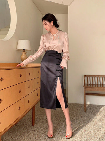 New Chinese Style Tempered Satin Color Block Cheongsam Collar Long-Sleeved Top With Buckled Skirt Dress Two-Piece Set For Women