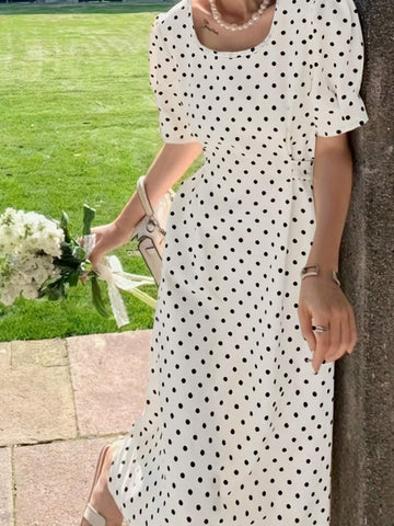 Polka Dot Tie Belt Square Neck Women's Dress