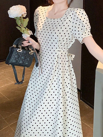 Polka Dot Tie Belt Square Neck Women's Dress