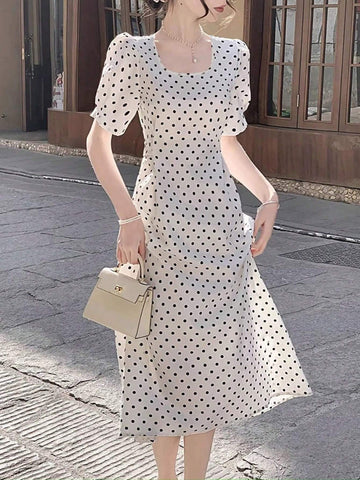 Polka Dot Tie Belt Square Neck Women's Dress