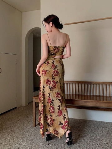 Women'S Chinese Style Retro Printed Asymmetrical Camisole Top With Fish Tail Hem & Slim Fit Midi Skirt 2pcs/Set