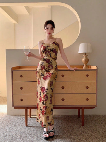 Women'S Chinese Style Retro Printed Asymmetrical Camisole Top With Fish Tail Hem & Slim Fit Midi Skirt 2pcs/Set
