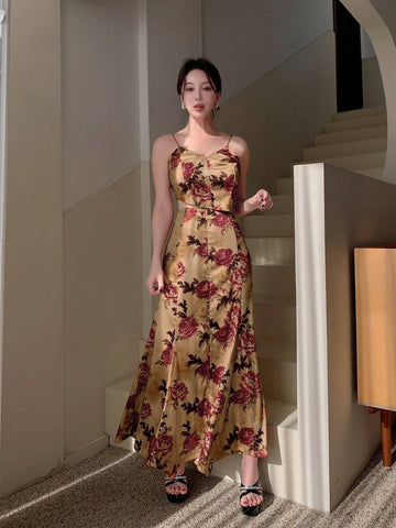 Women'S Chinese Style Retro Printed Asymmetrical Camisole Top With Fish Tail Hem & Slim Fit Midi Skirt 2pcs/Set