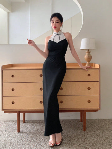 Women Chinese Style Qipao Collar Contrast Color Block Sleeveless Top And High Waist Solid Color Long Skirt Two Piece Set, Suitable For Valentine's Day Dating