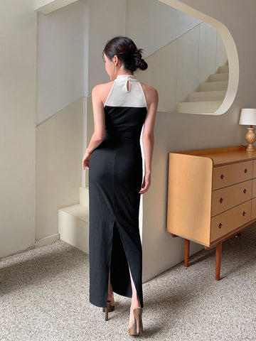 Women Chinese Style Qipao Collar Contrast Color Block Sleeveless Top And High Waist Solid Color Long Skirt Two Piece Set, Suitable For Valentine's Day Dating