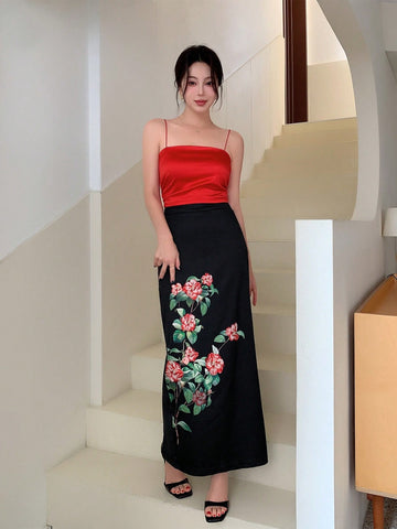 Women New Chinese Style Pure Color Camisole & Floral Half-Skirt Set For Parties, Chinese New Year And Valentine's Day Dates