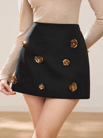 EastFlair Women's Gold Floral Embellished Simple A-Line Skirt, Fashionable