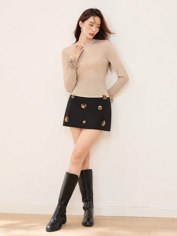 EastFlair Women's Gold Floral Embellished Simple A-Line Skirt, Fashionable