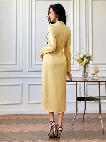 Women's Long Sleeve Elegant Chinese Style High Slit Dress With Button Design