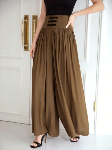 EastFlair Women's New Chinese-Style Wide Leg Pants With Texture, Pleated Waist, And Buckle Decoration