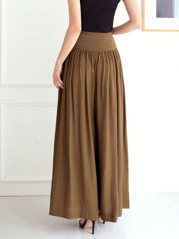 EastFlair Women's New Chinese-Style Wide Leg Pants With Texture, Pleated Waist, And Buckle Decoration
