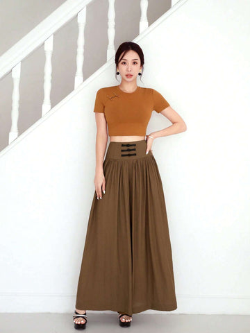 EastFlair Women's New Chinese-Style Wide Leg Pants With Texture, Pleated Waist, And Buckle Decoration