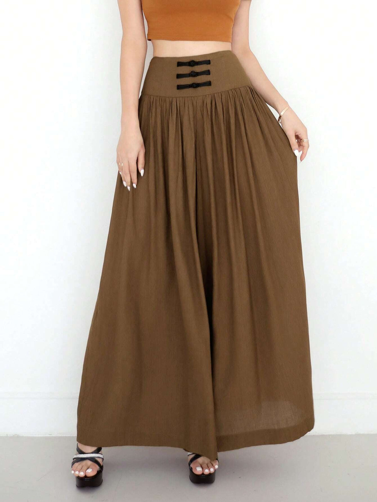 EastFlair Women's New Chinese-Style Wide Leg Pants With Texture, Pleated Waist, And Buckle Decoration