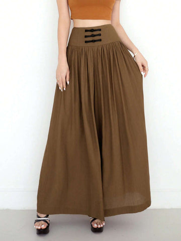 EastFlair Women's New Chinese-Style Wide Leg Pants With Texture, Pleated Waist, And Buckle Decoration