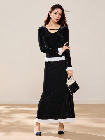 EastFlair Women's Solid Color Patchwork Minimalist A-Line Skirt, Casual Everyday Wear