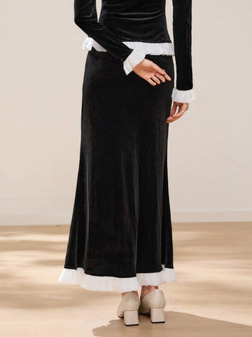 EastFlair Women's Solid Color Patchwork Minimalist A-Line Skirt, Casual Everyday Wear