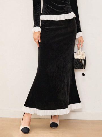 EastFlair Women's Solid Color Patchwork Minimalist A-Line Skirt, Casual Everyday Wear