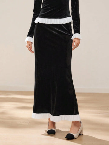 EastFlair Women's Solid Color Patchwork Minimalist A-Line Skirt, Casual Everyday Wear