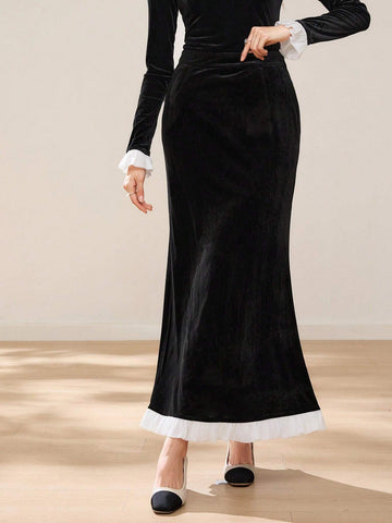 EastFlair Women's Solid Color Patchwork Minimalist A-Line Skirt, Casual Everyday Wear