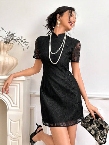 Women's Solid Color Short Sleeve Casual Short Lace Chinese Style Mini Dress