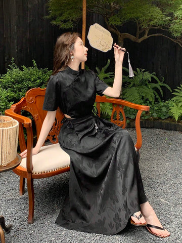 Women's Traditional Chinese Style Jacquard Side Knot Improved Outfit