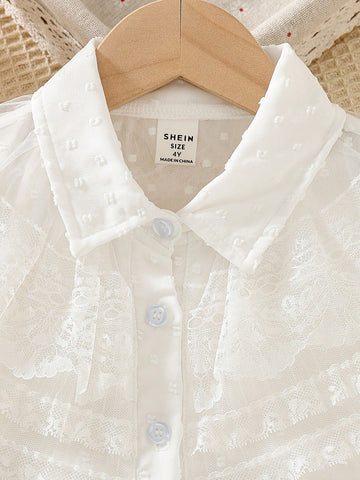Elegant Lace Floral Toddler Girls' White Polka Dot Contrast Lace Trim Blouse, Suitable For Sweet & Graceful Girls In Autumn