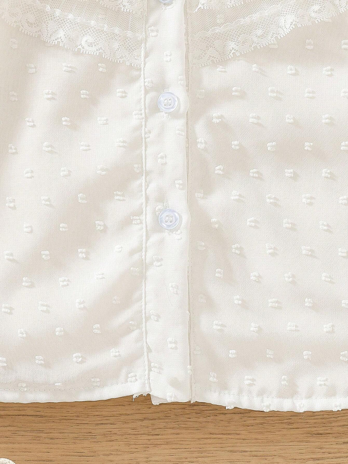 Elegant Lace Floral Toddler Girls' White Polka Dot Contrast Lace Trim Blouse, Suitable For Sweet & Graceful Girls In Autumn