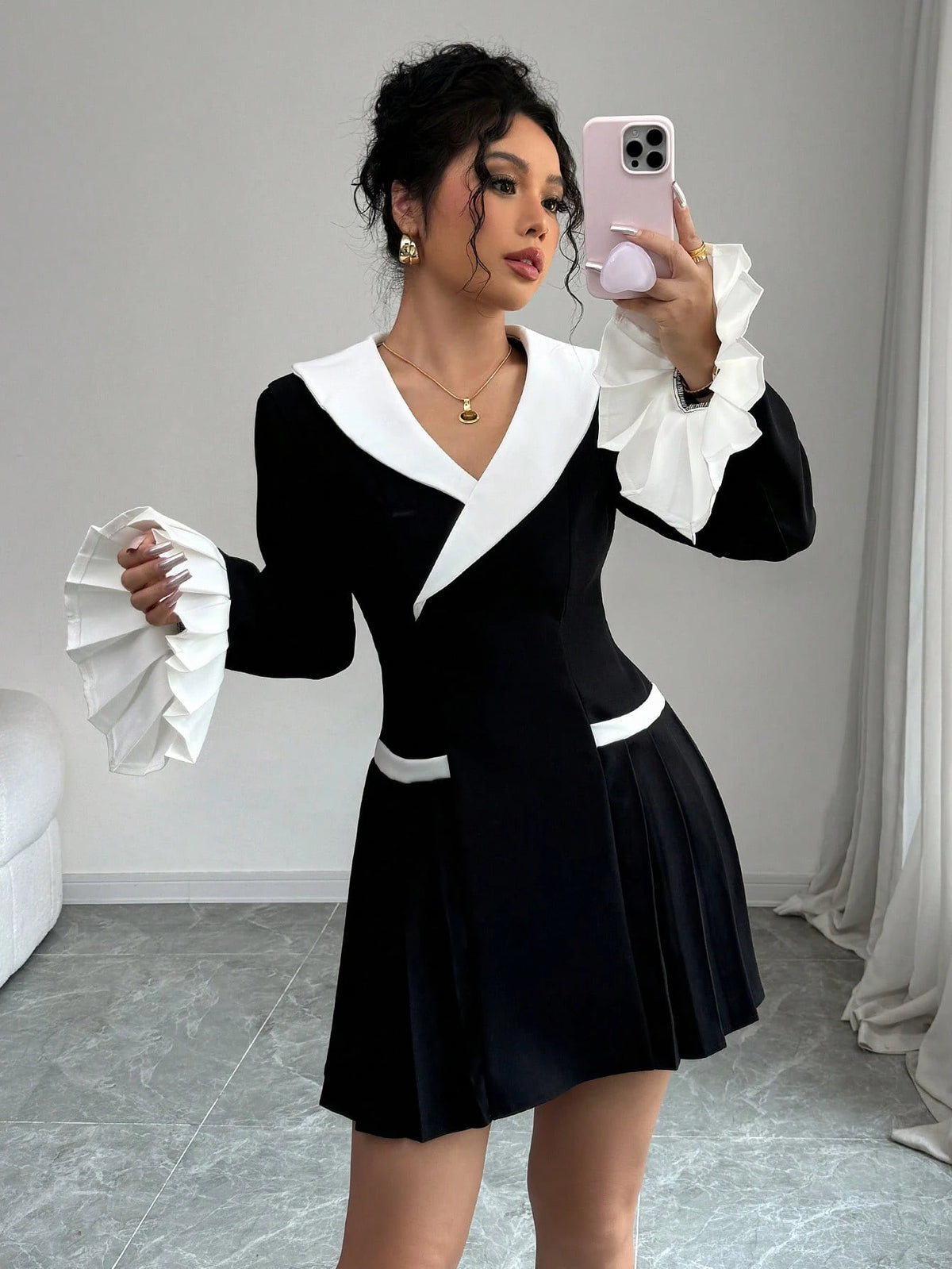 1pc Elegant Ruffle Patchwork Asymmetric Collar Elastic Waist A-Line Dress For Women