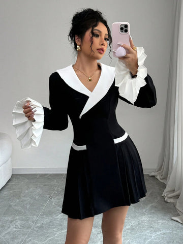 1pc Elegant Ruffle Patchwork Asymmetric Collar Elastic Waist A-Line Dress For Women