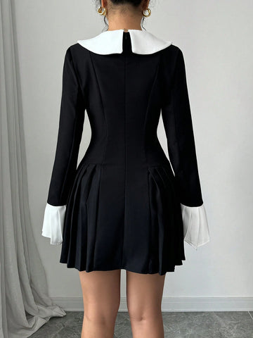 1pc Elegant Ruffle Patchwork Asymmetric Collar Elastic Waist A-Line Dress For Women