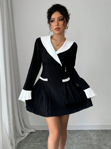 1pc Elegant Ruffle Patchwork Asymmetric Collar Elastic Waist A-Line Dress For Women