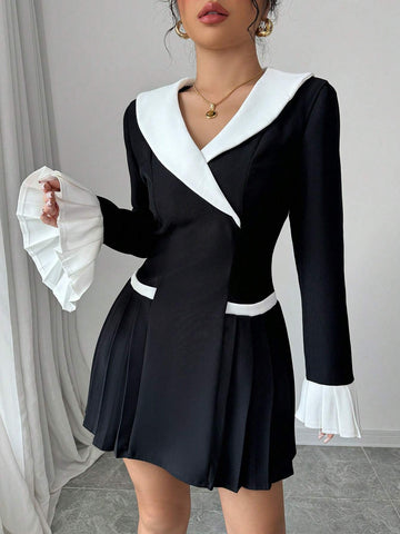 1pc Elegant Ruffle Patchwork Asymmetric Collar Elastic Waist A-Line Dress For Women