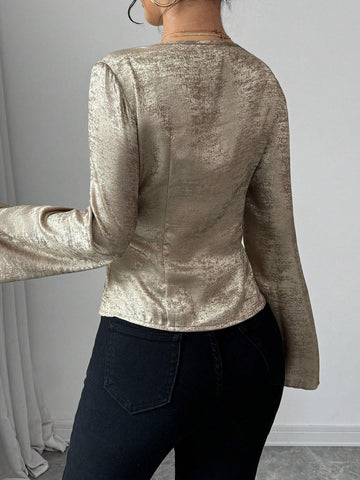1pc Long Sleeve Shirt With Front Short & Back Long Silhouette, V-Neck, Gathered Design, Metallic Fabric, Suitable For Spring, Autumn & Winter