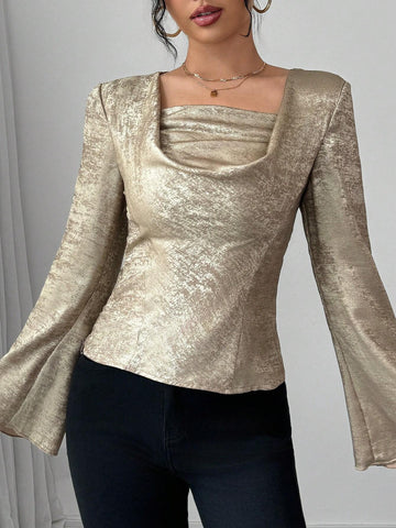 1pc Long Sleeve Shirt With Front Short & Back Long Silhouette, V-Neck, Gathered Design, Metallic Fabric, Suitable For Spring, Autumn & Winter