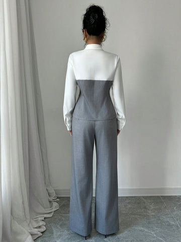 2pcs Professional Women Patchwork Long Sleeve Top And Pant Set, Suitable For Spring And Autumn