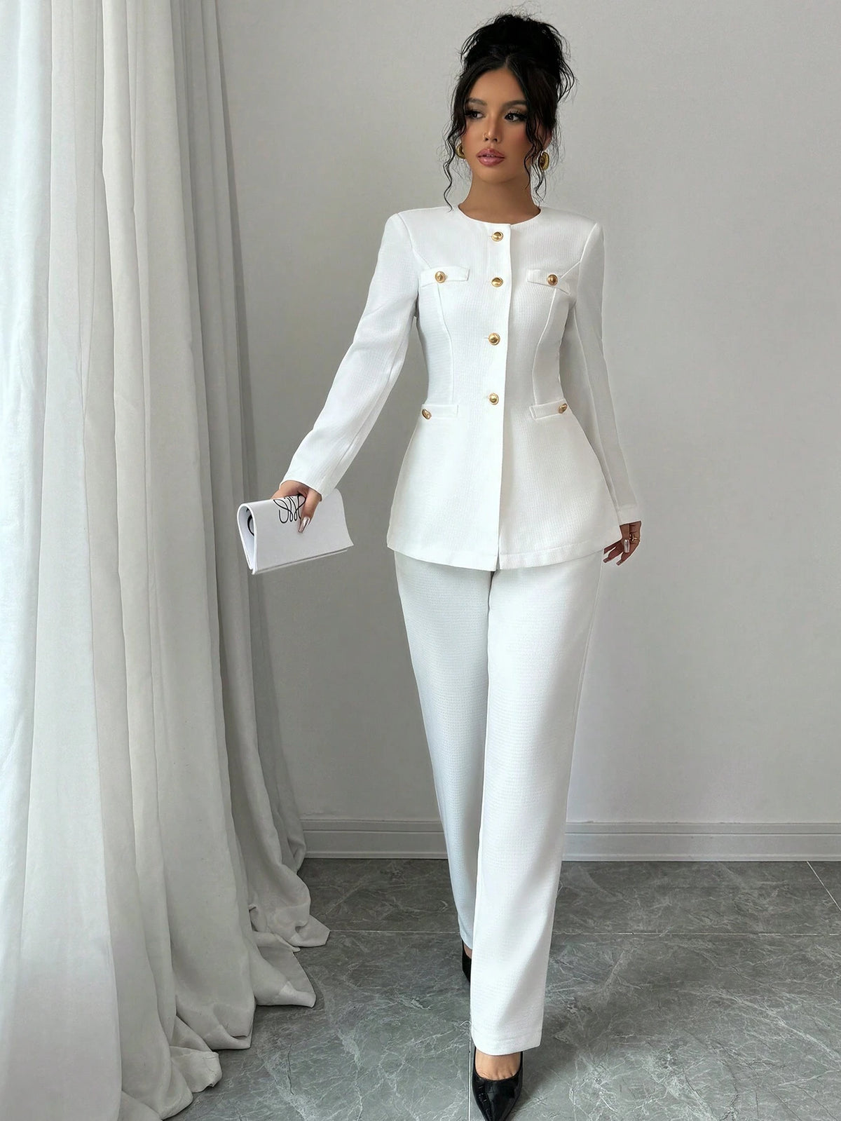 2pcs Women Solid Color Round Neck Long Sleeve Single-Breasted Jacket And Pants Elegant Set, Autumn