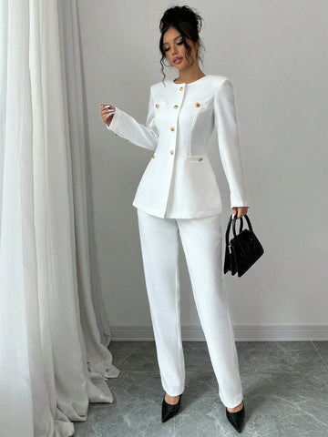 2pcs Women Solid Color Round Neck Long Sleeve Single-Breasted Jacket And Pants Elegant Set, Autumn