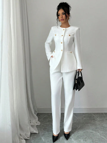 2pcs Women Solid Color Round Neck Long Sleeve Single-Breasted Jacket And Pants Elegant Set, Autumn