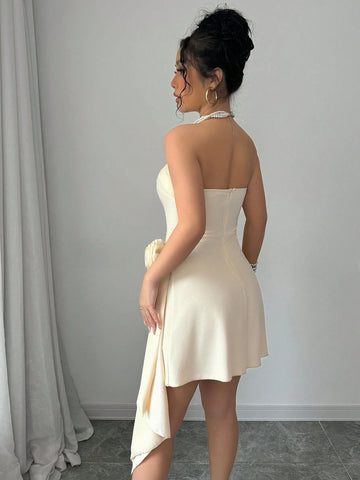 Apricot 3D Flower Decor Waist-Cinched A-Line Elegant Romantic Sophisticated Ladies Dress