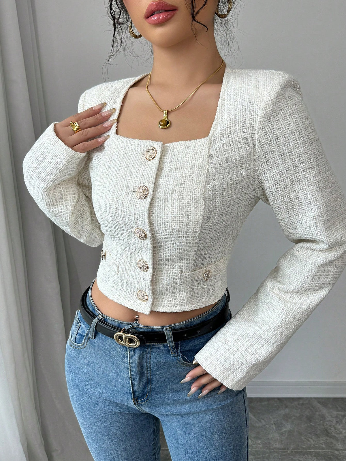 Elenzya Apricot Decorative Button Front Long Sleeve Casual Shirt