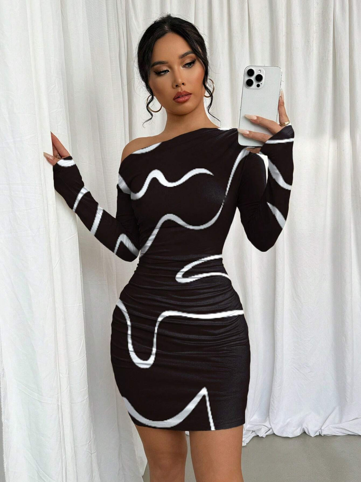 Asymmetric Ruched Graffiti Print Long Sleeve Dress
