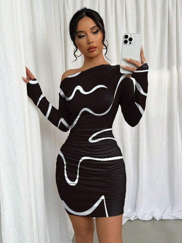 Asymmetric Ruched Graffiti Print Long Sleeve Dress