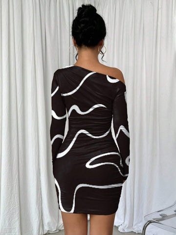 Asymmetric Ruched Graffiti Print Long Sleeve Dress