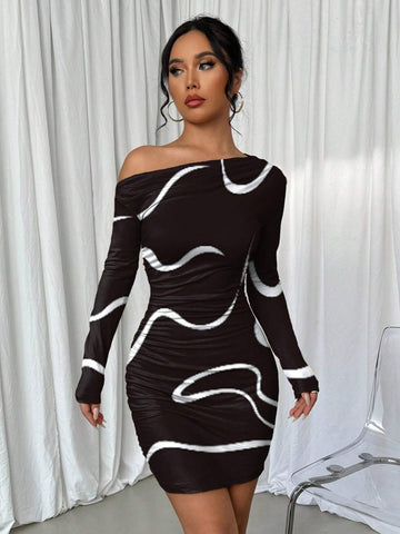 Asymmetric Ruched Graffiti Print Long Sleeve Dress