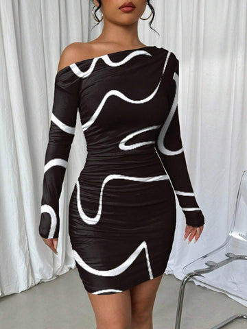 Asymmetric Ruched Graffiti Print Long Sleeve Dress