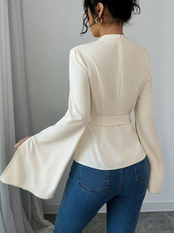Casual Square Neck Flared Cuff Woven Women Blouse