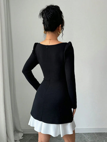 Contrast Color Square Collar Long Sleeve Ruched Waist A-Line Elegant Romantic Women Dress
