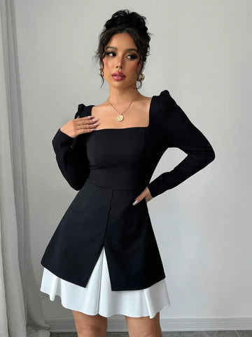 Contrast Color Square Collar Long Sleeve Ruched Waist A-Line Elegant Romantic Women Dress