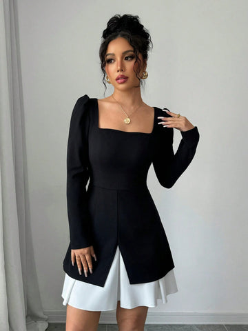 Contrast Color Square Collar Long Sleeve Ruched Waist A-Line Elegant Romantic Women Dress